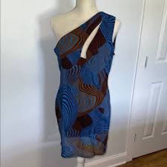 PrettyLittleThing Abstract Swirl Mesh One Shoulder Mini Dress NWT Sz 16 - Picture 2 of 15